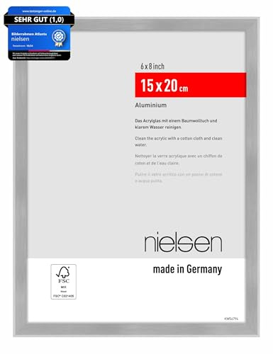 nielsen Aluminium Bilderrahmen Atlanta, 15 x 20 cm, Silber | Aluminium Fotorahmen im Hoch- & Querformat zum Auftstellen Silber matt bruchsicheres Kunstglas