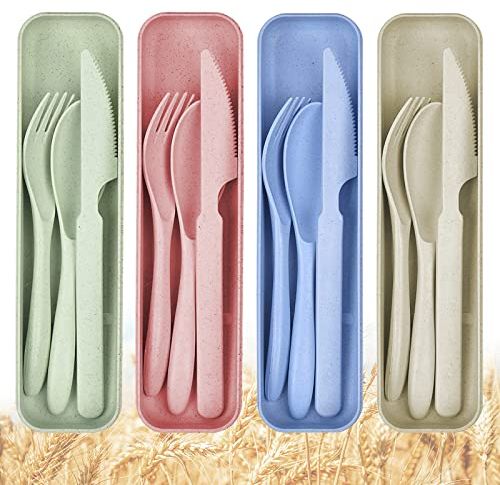 QINGHEC 4 Pack Travel Cutlery Set With Case, Reusable Plastic Forks Spoon Tableware, Portable for Camping Picnic, Beige Green Pink Blue