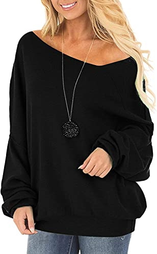 Noir Pull Femme Chic et Elegant Original Oversize Chaud Hiver 2026 Sweat sans Capuche Épaule Dénudée Manches Longues Décontracté Haut