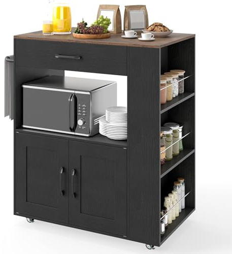 COSTWAY Carrito de Cocina con Ruedas, Armario de Sevicio Rodante con 3 Estantes Abiertos y un Cajón, Armario Grande de 2 Puertas, Carrito de Almacenamiento con Toallero y 2 Ruedas Bloqueables, Negro