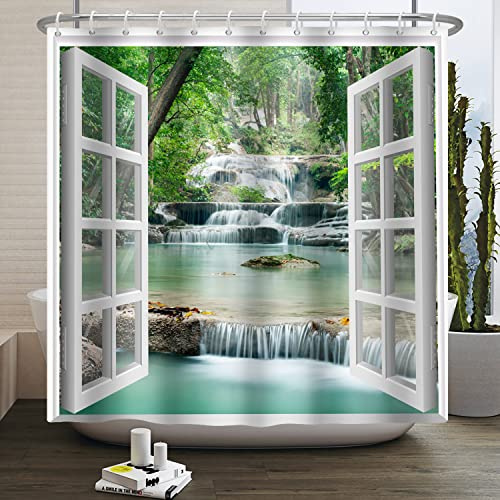 SDOTPMT 140x180cm Vista finestra doccia tenda primavera cascata alberi paesaggio naturale natura natura bagno tenda da bagno quadro arte moderna tessuto impermeabile bagno tenda con ganci