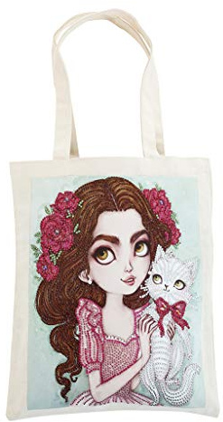 JGA JOGGING ARM Diamond Art Painting Shopping Canvas Tote Handbag Case with Paint kits Girl Cat Pattern Soft Cotton for Adult Women Grandma Mom Birthday Gifts