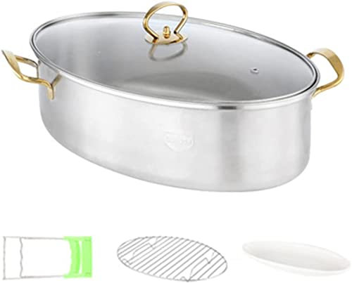 8Qt Gedämpfter Fischtopf 304 Edelstahl ovales Fischdampfer-Set mit Gestell, Keramikpfanne, Spannfutter, Suppentopf zum Dämpfen von Fisch, kochender Suppe, 2 Farben, Gold