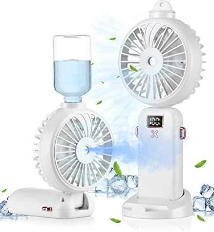 Mini Ventilateur Brumisateur Portable USB - 3 in 1 Blanc Petit Ventilateur Rechargeable, 4000mAh Puissant Ventilateur Main Pliant, 5 Vitesses, pour Voyage, Bureau, Camping, Table