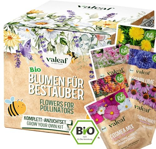 valeaf BIO Blumen Samen Starter Kit I Blumensamen Anzuchtset mit 6 bienenfreundlichen Wildblumen Sorten I Blumen Samen Set mit Blumensaat für den Blumen Garten I Bio Samen Blumen, Flower Seeds Saatgut
