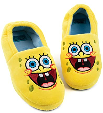 SPONGEBOB SQUAREPANTS pantoufles pour enfants | Garçons Filles Personnage Animé Visage Jaune Bleu Élastique Talon Support Maison Curseurs
