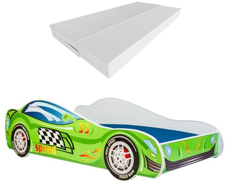 KOBI Cama Infantil Carro anticaida | Coche de Carreras | 160x80cm | Cama Juvenil con colchón | Cunas Niños Niñas | Cama Individual Cama para niños Cama de Coche