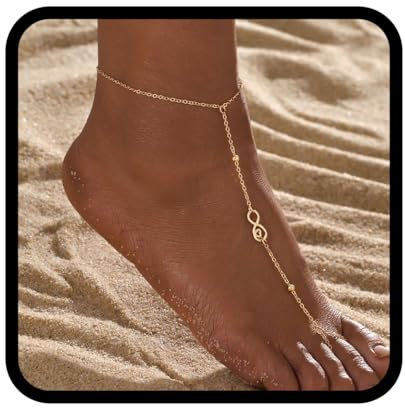 Handcess Boho-Fußkettchen mit goldfarbenen Perlen, Strand-Barfuß-Sandalen, Fußschmuck für Damen und Mädchen, Free Size, Kunststoff