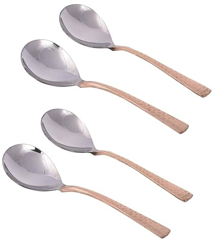 Ajuny Set of 4 Copper & Stainless Steel Serving Spoons 8 Inch, Large Buffet Spoons with Hammered Copper Handles for Curry Rice Salad, Indian Serveware Dinnerware