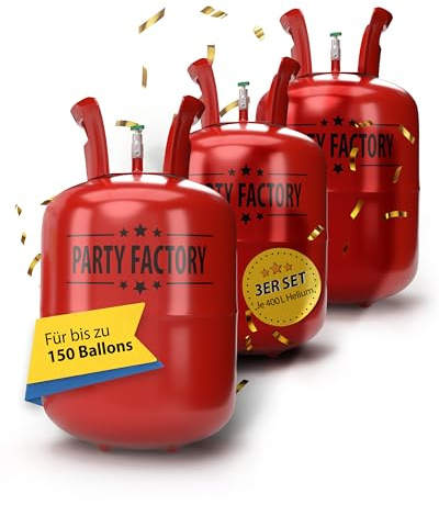 Party Factory – Helium Gasflasche 3x 400L für ca. 150 Luftballons – Partydeko Ballongas Flasche für Latex- & Folienballons – Einwegflasche mit Knick-Füllventil – Für Partys, Hochzeiten und Geburtstage