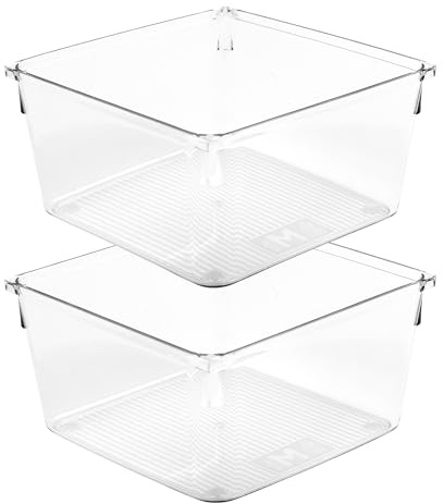 Amtido Clear Drawer Organiser Tray Set, 2 Pack – Durable Storage Containers for Kitchen, Pantry, Office & Cosmetics – Plastic Drawer Organiser Fits Drawers, Cupboards & Fridge - 15.2 x 15.5 x 8.3cm