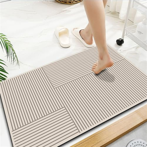 Hixingo Kieselgur Badematte rutschfeste Minimalistisch Badvorleger Absorbierender Badezimmerteppich, Waschbar Schnelltrocknende Bodenmatte für Dusche, Badewannen, Küche (50x80cm,Braune Streifen)