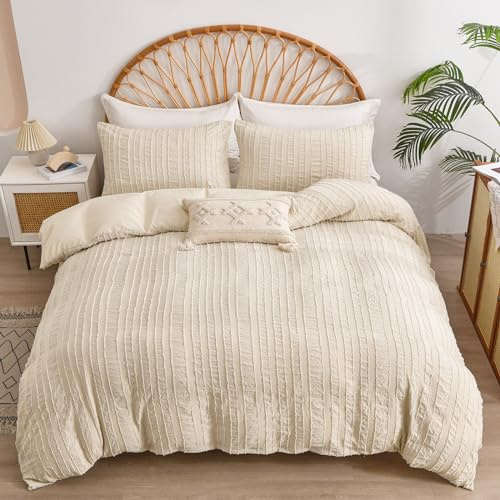DJY Beige Duvet Cover Set King Size 3PCS-Plain Tufted Bedding Set, Soft Microfiber Lightweight Duvet Cover Set with Zipper Closure (King, 230x220cm)