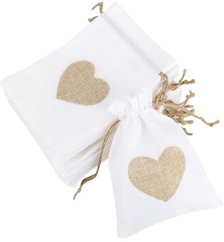 XTDMJ 24 Stück Jutesäckchen mit Herz, 13 x 18cm Kleine Stoffbeutel mit Kordelzug, Wiederverwendbare Baumwollsäckchen Jutebeutel für Schmuck Zwischenmahlzeit Gastgeschenke DIY Basteln