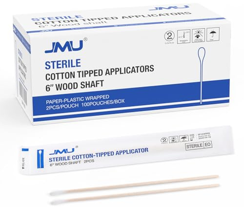 JMU 6 Inch Sterile Cotton Tipped Applicators, 200 Count Long Cotton Swabs, Wood Shaft Medical Swabs