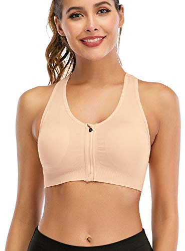 FXTYK Zip Front-sport-bh post surgery bh yoga bh träning fitness activewear racerback vadderade behåar för kvinnor, Aprikos, L