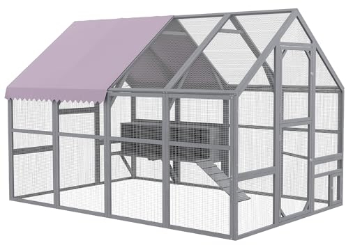 PawHut Hühnerstall ca.2,8x1,85x1,9 m Freilaufgehege Hühnergehege mit wasser- und UV-beständig Dach, 2 Tür, Nistkasten, Rampe Hühnerkäfig aus Holz und Metall, Freigehege für 8-12 Hühner Kleintiere Grau