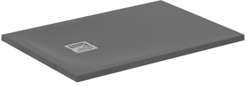 Ideal Standard - Ultra Flat S+, Plato de ducha rectangular ultrafino de resina efecto piedra, 100 x 70 cm, Ideal Solid, desagüe lado corto, gris cemento