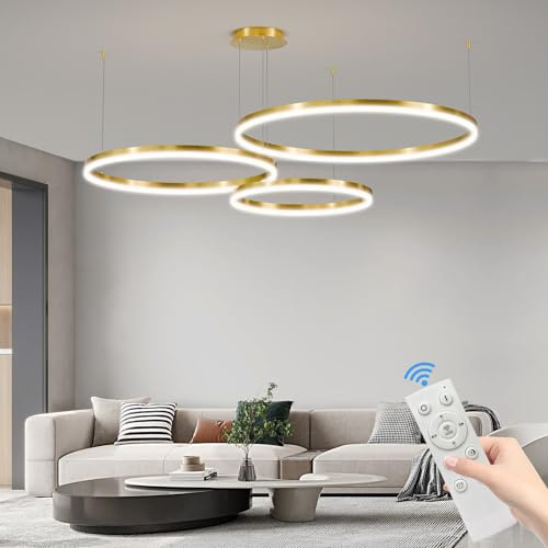 Mikeru Moderne Deckenleuchten Ringe, 40+60+80cm Gold Pendelleuchte 3 Ringe Verstellbare Runde Pendelleuchte 85w Wohnzimmerlampe Hängend Mit Memory-Funktion 10%-100% Dimmbarer Für Esszimmer