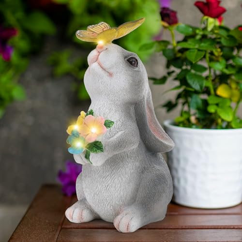 Foyucool Statue de jardin solaire lapin avec lanterne solaire, statue lumineuse d'extérieur, décoration de jardin, cour, pelouse, terrasse, cadeau unique pour pendaison de crémaillère, cadeau