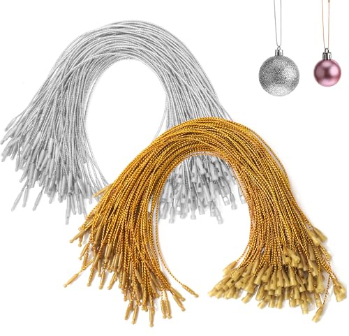 OPUHOHR 200PCS Gold Silber Ornament Hanger String, Christmas Ornament Hooks Pre Cut Ropes with Snap Fasteners for Xmas Tree Holiday Party Hanging Decoration