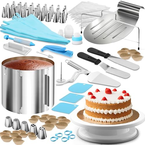 4smile Torten-Zubehör-Set 144 Teile - Tortenring verstellbar hoch 20 cm + Tortenschneider + Tortenheber + Streichwerkzeug + Tortenplatte drehbar + XXL Torten-Deko Set