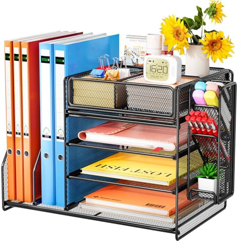 Casavibe Schreibtisch Organizer mit Aktenhalter - 5-Tier Briefablage Ablagefächer mitSchublade,4 Stithalter, Schreibtisch-Aufbewahrung, Zeitschriftenhalter fürBürobedarf (schwarz)