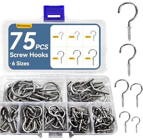 Rhimooay 75 Stk schraubhaken, Schraubhaken set haken mit gewinde, hakenschrauben für deckenhaken, Haken zum Schrauben Metall zum Aufhängen einschraubhaken - Silber