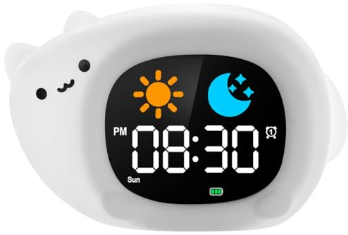 HOTUT Kinder Lichtwecker,Schlaftrainer Kinder mit Nachtlichtern,6 White Noise Kinderwecker,Digitaler Wecker für Mädchen und Jungen(Katze
