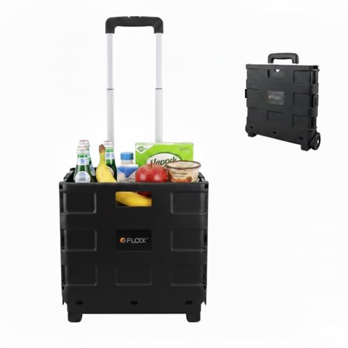 FLOCK Carrello Spesa pieghevole nero | Trolley Pieghevole con Ruote | Carrello Portatutto 35kg | Ideale per Auto, Casa e Spesa | Maniglia Estensibile