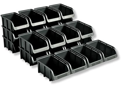 Hünersdorff Set di 24 scatole portaoggetti impilabili, dimensioni 2, polipropilene infrangibile (PP), riciclato, ideali per sistemi di organizzazione e di smistamento, scaffali per officina - nero