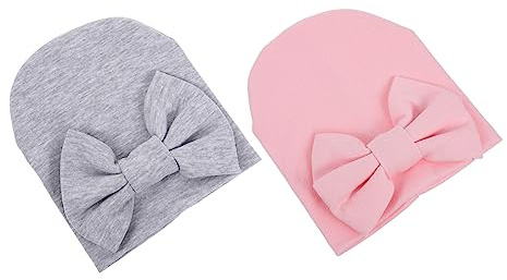 FRCOLOR Sombreros para Recién Nacidos Ñiño Unisex Algodón Transpirable Turbante Lazo para Niñas y Niños Obsequio Baby Shower Color Rosa y Gris Talla Única