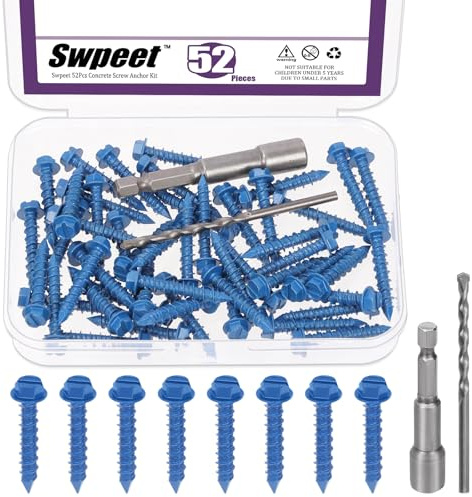Swpeet Lot de 52 vis à béton à tête hexagonale fendue de 6,35 mm x 8,9 cm avec douille hexagonale et assortiment de forets, vis à ciment autotaraudeuses pour ancrage (3/16×1-1/4)