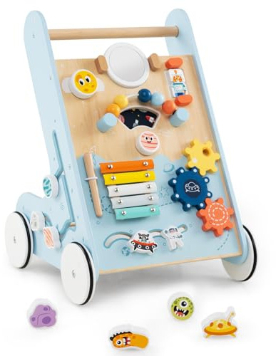 COSTWAY Lauflernwagen Holz, Baby Lauflernhilfe zum Schieben und Ziehen, Montessori Laufspielzeug mit Rädern, Laufwagen für Jungen und Mädchen ab 1 Jahr, 35 x 33 x 47 cm (Weltraum-Blau)