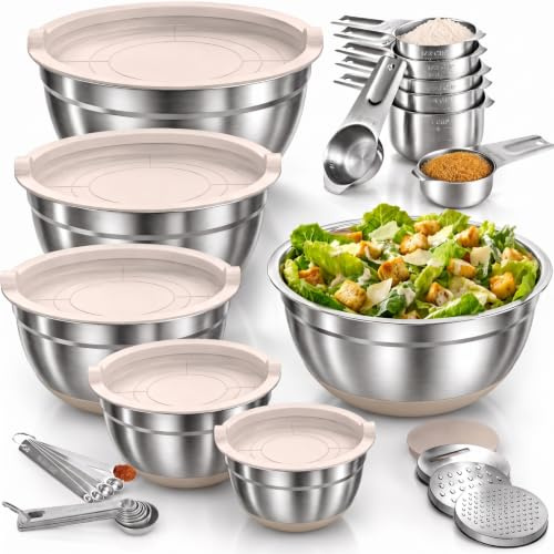 30PCS Mixing Bowls with Lids Set, Stainless Steel Nesting Bowls with Graters, Non-Slip Silicone Bottom, Large Khaki Bowls 7QT to 1QT & 21 Measuring Cups and Spoons Great for Mixing, Baking, Serving