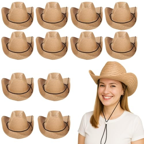 Cowboyhüte aus Stroh für Damen und Herren, breite Krempe, Sommerschutz, atmungsaktiv, Strandhüte mit verstellbarem Kinnriemen, Khaki, ideal für Outdoor-Aktivitäten und Partys, 12 Stück