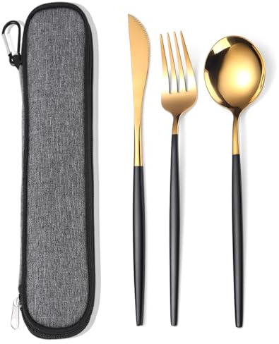 MURRI&MURRDI Edelstahl Besteck Set mit Tasche, 3 Teilig Cutlery Set für Reise, Tragbar Wiederverwendbar Besteck für 1, Mittagessen Messer Gabel Löffel Set, Geschirrspüler Sicher (3 Schwarz Gold)