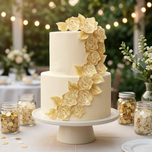 Anglesit Pre-Cut Gold Glitter Roses & Leaves Edible Wafer Flower Cupcake Toppers Sparkling Cake Decorations Birthday Wedding Party Golden Shimmer