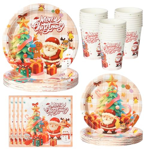 PYAILI 64 Stück Pappteller Pappbecher und Servietten Weihnachten Tischdeko - Weihnachtsdeko - Kleine Weihnachtssymbole als Tischdeko - Weihnachten Partygeschirr - 16 Gäste