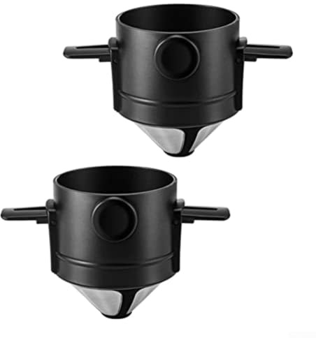 Confezione da 2 filtri da caffè, in acciaio inox, riutilizzabili, con supporti pieghevoli, per casa, viaggi, campeggio, ufficio, rete microporosa a doppio strato (nero, 2 pezzi)