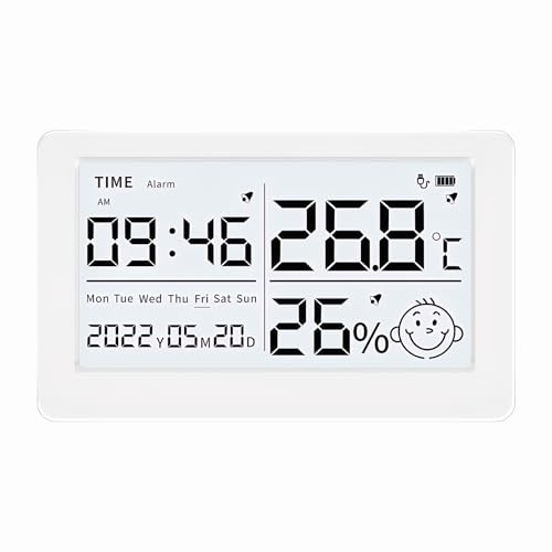 Mengshen Hygromètre numérique thermomètre rechargeable intérieur avec réveil, indicateur de date et icônes de niveau de confort pour la maison, la chambre de bébé Montage mural