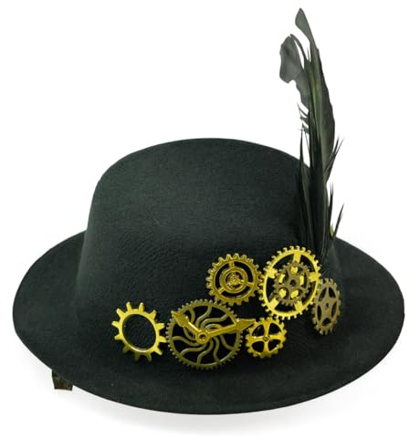 TrendandStylez Steampunk Hut – schwarzer Filzhut mit goldenen Zahnrädern & Feder – elegantes Kostüm-Accessoire für Damen & Herren – Gothic, Karneval, Fasching, Festival & Motto-Party