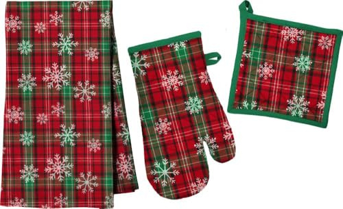 Batik - Set Cucina Natalizio – Strofinaccio, Guanto da Forno e Presina | Decorazioni di Natale per la Cucina | Idea Regalo Natalizia (TARTAN NEVE)