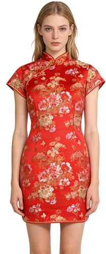 Women's Cheongsam Qipao Dress Slim Bodycon Exotic Dresses Chinese Wedding Costumes Vintage Lunar New Year Asian Mini Dress Red Peony L