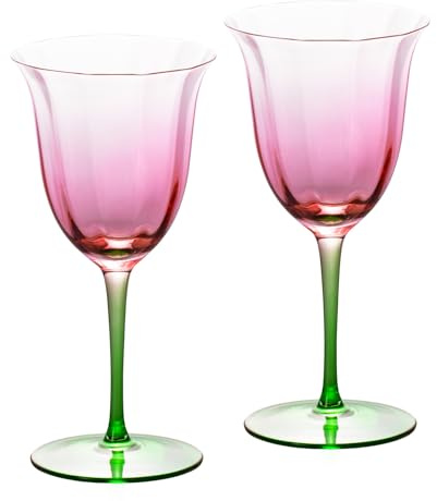 KAMMAK Wine Glasses Set of 2, 9.47 oz Hand Blown Crystal Bordeaux Wine Glasses, Thin Rim & Long Stem, Perfect for Red & White, Daily Use, Wedding or Birthday Gift with Gift Box, Pink-Green Flowers