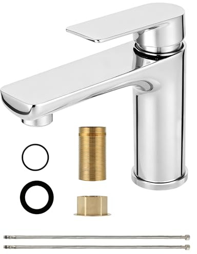 Rubinetto da bagno in acciaio inox – Miscelatore monocomando per lavabo – Rubinetto da bagno con tubo di collegamento da 60 mm, altezza beccuccio 95 mm, a risparmio energetico per ospiti WC/bagno