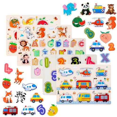 Purpledi 5 Pezzi Puzzle in Legno per i Bambini, Giochi Montessori Bambino, Educativo Giocattoli Regalo per 1 2 3 Anni, Animali Frutta Forme Lettere Numeri Traffico, Regalo Natale Ragazzi Ragazze