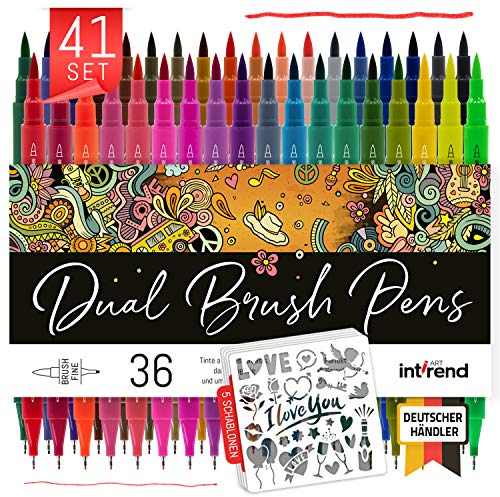 int!rend Dual Brush Pen Set - 36 Farben Pinselstifte Aquarell + 5 Schablonen - Dicke und dünne Handlettering Stifte, Bullet Journal Stifte, Aquarellstifte, Watercolor Brush Pen, Art Marker Set
