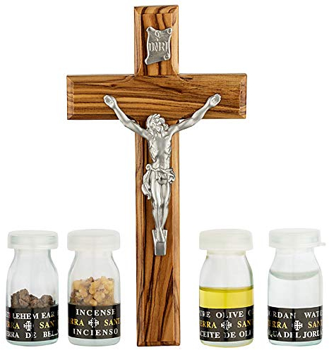 MaMeMi Crocifisso in legno d'olivo con 4 essenze dalla Terra Santa e confezione regalo