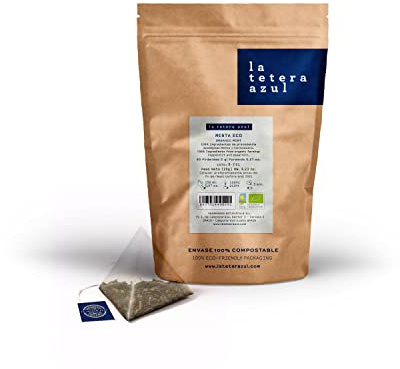 LA TETERA AZUL Infusión De Menta Premium, Pura, Limpia, Solo Hojas De Menta. 60 Pirámides. Infusión Digestiva Y Alivio Gases. Bolsa De 60 Pirámides.
